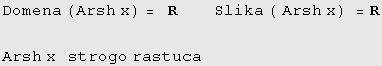 Domena (Arsh x) = &nbsp;&nbsp;R&nbsp;&nbsp;&nbsp;&nbsp;&nbsp;&nbsp;&nbsp;&nbsp;&nbsp;Slika ( Arsh x) = R Arsh x&nbsp;&nbsp;&nbsp;strogo rastuca 