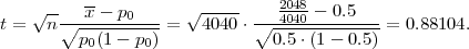     √ --  x-- p0     √ -----    2048-- 0.5
t =   n∘-----------=   4040 ⋅∘--4040---------= 0.88104.
         p0(1-  p0)            0.5⋅(1 - 0.5)  