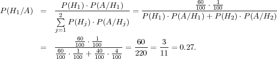                                                   60- -1-
P(H1 ∕A)  =   -P-(H1)⋅-P(A-∕H1)--=  --------------100-⋅100--------------
              ∑2                    P(H1 )⋅P (A∕H1 )+ P (H2) ⋅P(A ∕H2)
              j=1 P(Hj )⋅P (A∕Hj )
                   60- -1-
          =   -----100-⋅100------= 60--= -3-= 0.27.
              61000-⋅1100 + 41000-⋅1400   220   11
