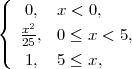 (
|{  0,2  x < 0,
   x25, 0 ≤ x < 5,
|(  1,  5 ≤ x,