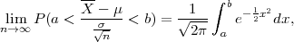            --                ∫ b
lim P (a < X---μ-<  b) = √-1-   e- 12x2dx,
n→∞          σ√n-          2π  a
